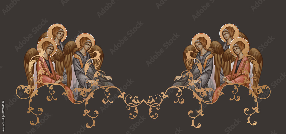 Obraz premium Vintage border with angels. Byzantine golden design