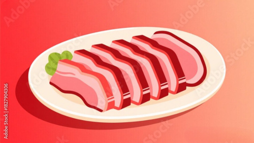 Isolated vector illustration of a gourmet grilled beef steak with tomato and salad on a white plate