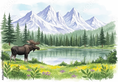 Vibrant watercolor illustration capturing a majestic moose by a calm lake in a pristine mountain setting