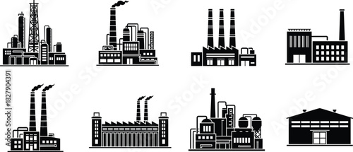 Industrial building icon, factory silhouette, manufacturing plant, smokestack graphic, black vector, urban industry, infrastructure, pollution concept, energy facility, production zone