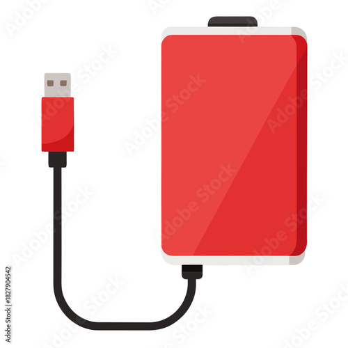 Power bank battery with charging cable on white vector illustration