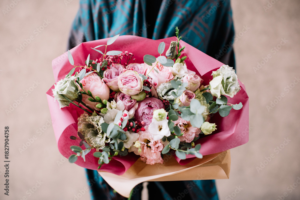 custom made wallpaper toronto digitalVery nice young woman holding big and beautiful bouquet of fresh roses, eustoma, eucalyptus flowers in pink and white colors