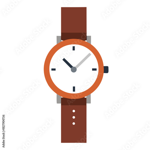 Stylish wristwatch with leather strap isolated on white vector illustration