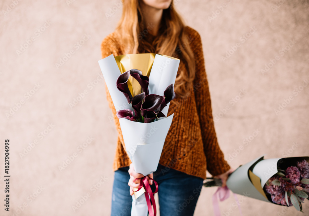 custom made wallpaper toronto digitalVery nice young woman holding beautiful bouquet of fresh black Cala Lillies, close up cropped view