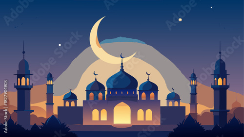Illustration of a mosque at night with a crescent moon and stars in a serene blue and gold sky