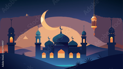 Illustration of a mosque at night with a crescent moon and a lantern hanging in the dark blue sky scene