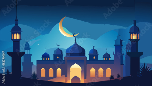 Illustration of a mosque with crescent moon and towers at night in blue and yellow tones design 100