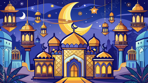 Illustration of a mosque at night with a crescent moon and hanging lanterns in blue and gold colors