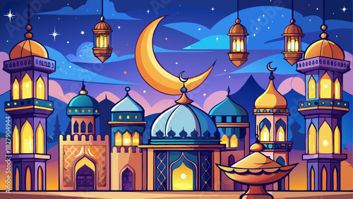 Illustration of a mosque at night with a crescent moon and hanging lanterns in the sky above it
