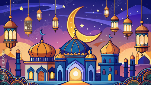 Illustration of a mosque at night with a crescent moon and hanging lanterns in the sky above it