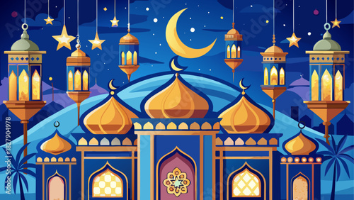 Illustration of a mosque with golden domes, lanterns, stars, and a crescent moon in a night scene
