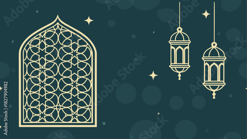 Elegant islamic design featuring a window with geometric patterns and hanging lanterns decoration background