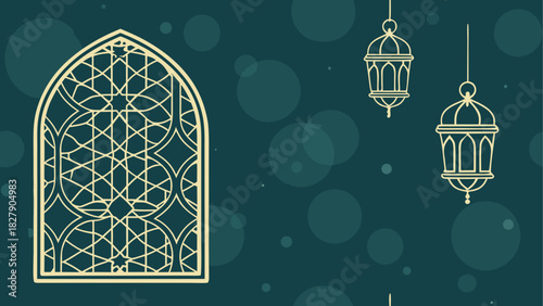 Elegant ramadan design featuring a window with islamic pattern and hanging lanterns on a dark green background