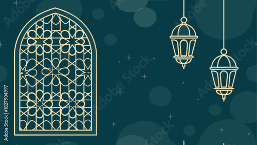 Ornate window and hanging lanterns on a teal background with bokeh and star design elements shown