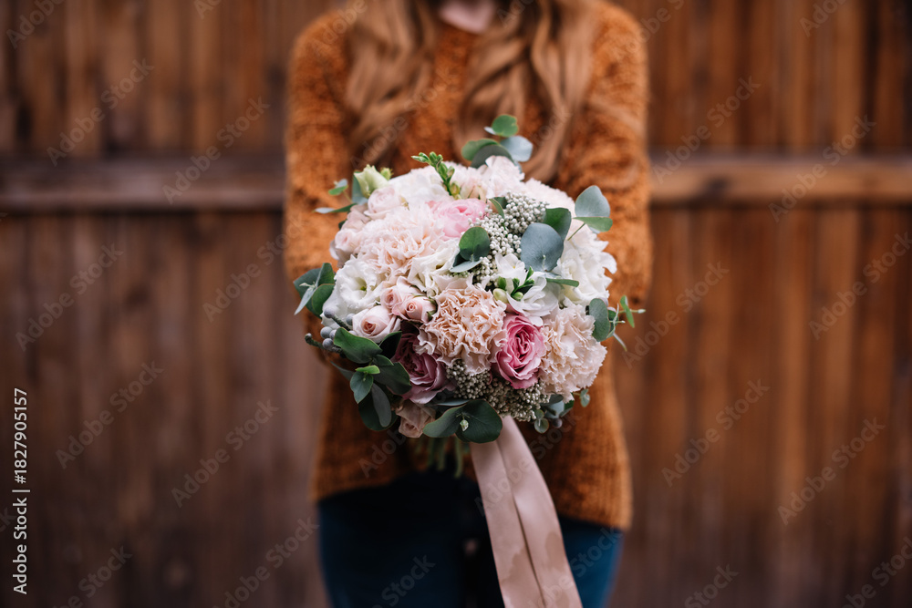 custom made wallpaper toronto digitalVery nice young woman holding big and beautiful wedding bouquet of fresh freesia, eucalyptus, roses, peonies flowers in pink and white colors