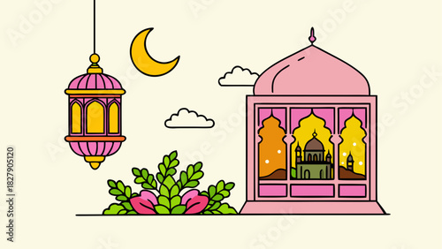Illustration of a lantern, crescent moon, clouds, and a window showing a mosque at sunset