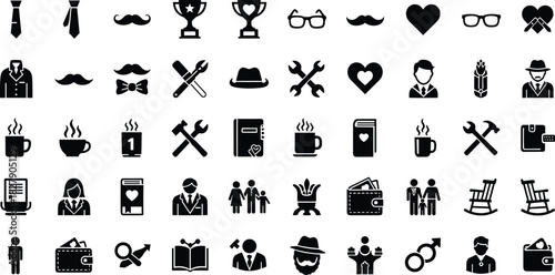 Masculine icons, family symbols, black silhouettes, work tools, leisure items, mustache, tie, hat, trophy, coffee, love, education, identity, people, wallet, floppy disk, rocking chair, gender roles,