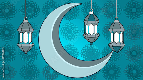 Illustration of crescent moon with hanging lanterns on a patterned teal background design element