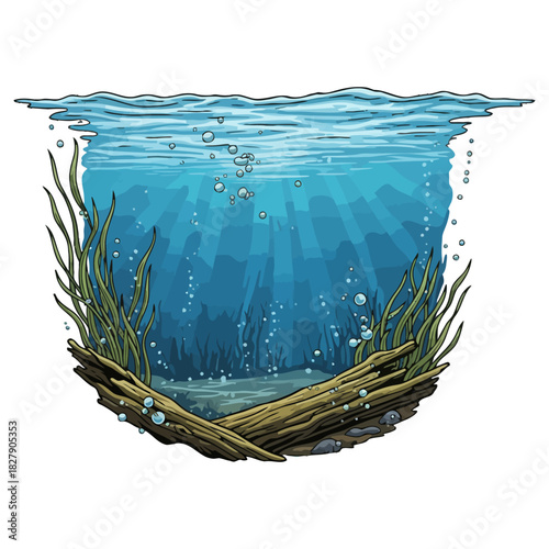 Cross section of a river or lake underwater showing the surface, depth, and riverbed