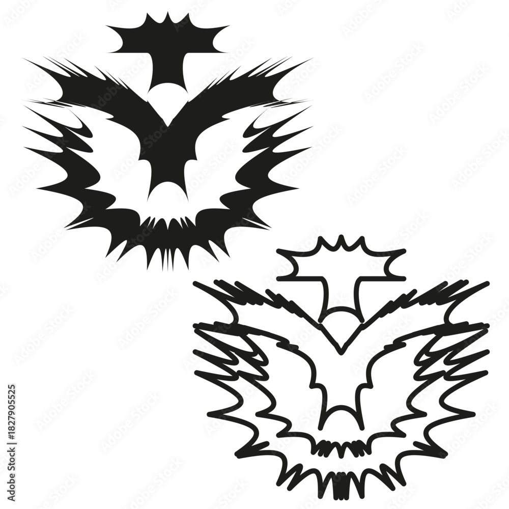 Obraz premium Two abstract outlines. Ornate flower shapes. Black white Vector graphic. Organic contour element.