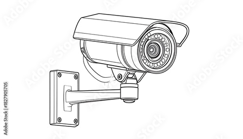 Black and white line drawing of security camera mounted on a wall bracket, angled towards view