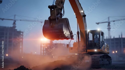 Excavator digging at construction site during sunset with dust clouds  