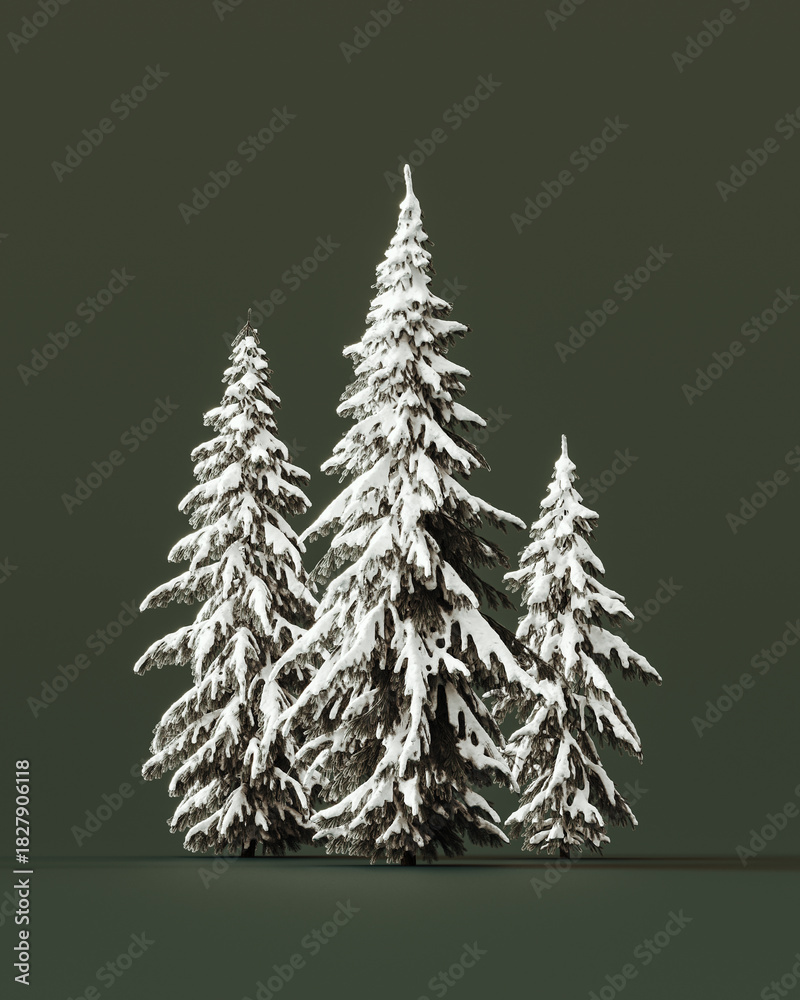 Fototapeta premium Pine trees with snow on green background. Winter pine trees. 3D Rendering, 3D Illustration 
