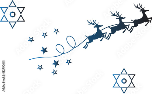 Silhouette of reindeer pulling a sleigh with stars and two star of david symbols, isolated on white background