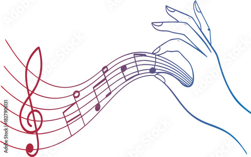 Stylized line art illustration depicting a hand conducting or shaping musical notes flowing along a staff with a prominent treble clef, isolated on white background