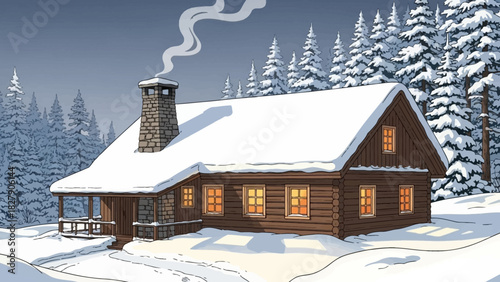 Cozy log cabin nestled in a snowy winter forest with smoke rising from the chimney and warm lights glowing in the windows.