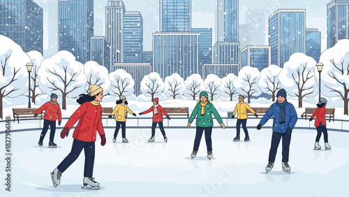 People ice skating on a frozen rink in a city park during a snowy winter day.