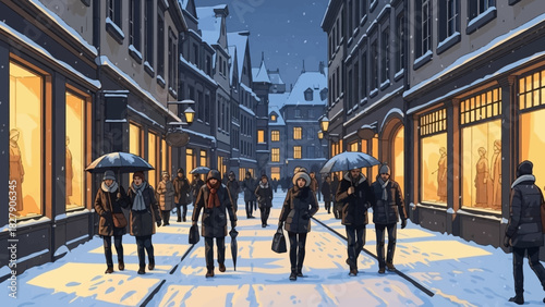 Pedestrians with umbrellas walk along a snow-covered European street lined with illuminated shops at twilight.