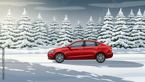 Red sedan car driving on a snowy road with snow-covered pine trees in a winter landscape.
