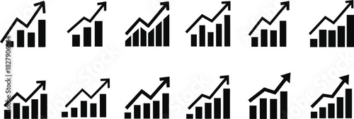Set of growing graph icons in black and white