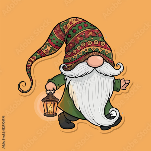 Christmas Gnome Walking with Lantern Vector Art