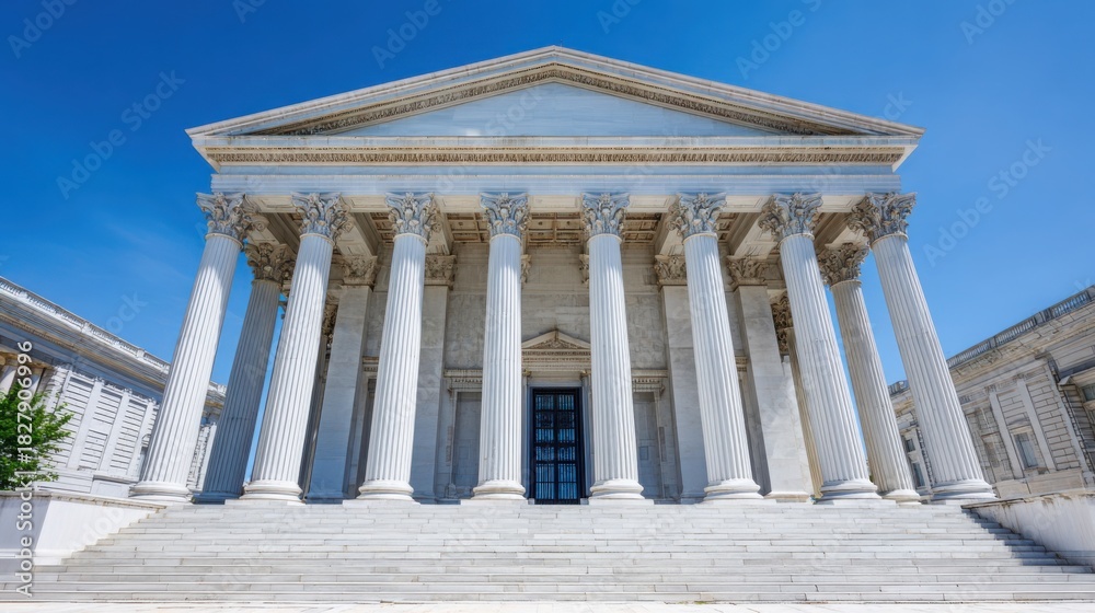 Naklejka premium Single majestic courthouse building in bright daylight, symmetrical classical architecture with marble columns, blue sky background, clear frontal