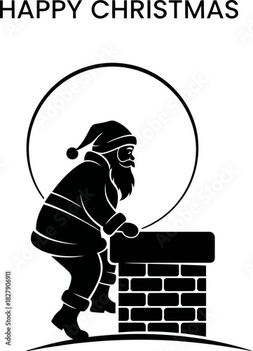 Santa claus descending a brick chimney, with happy christmas text above, , symbolizing holiday cheer