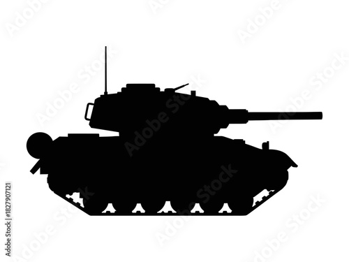 Silhouette of a military tank, a powerful armored vehicle.