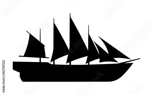 Silhouette of a majestic tall ship with multiple sails, sailing on the open sea.