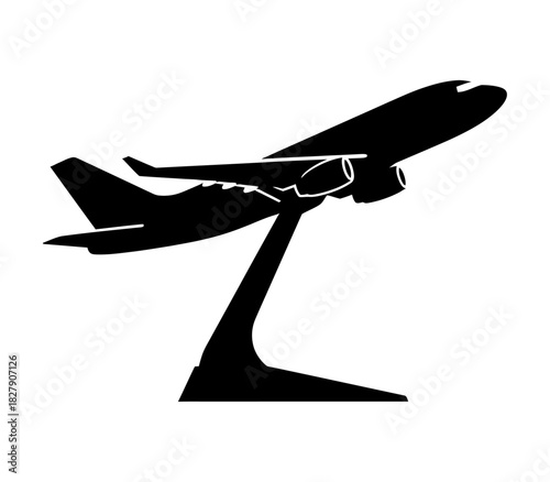 Silhouette of a passenger airplane model on a stand.