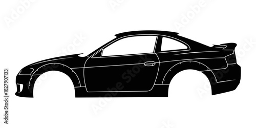 Sleek black silhouette of a sports car body without wheels, side view.