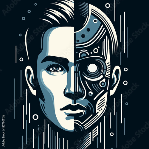 Half human half robot face in a striking and futuristic illustration style