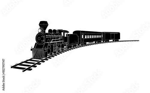 Black silhouette of a vintage steam locomotive train with passenger cars on curved tracks, isolated vector illustration