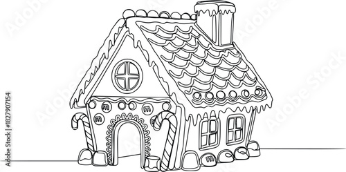Gingerbread house, a delightful christmas treat, adorned with candy canes, gumdrops, and icing, perfect for holiday coloring books