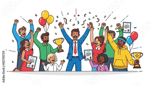 Cartoon illustration of a happy diverse team celebrating success with awards and confetti
