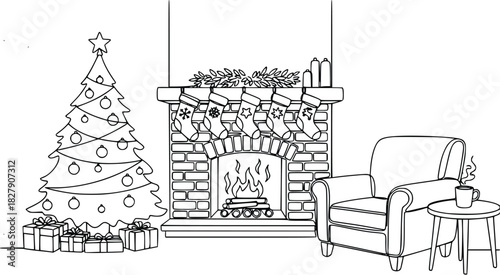 Cozy christmas eve scene with christmas tree, fireplace, armchair and gifts