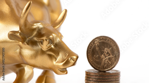Fotografie US $1 coin and a golden bull on a white background