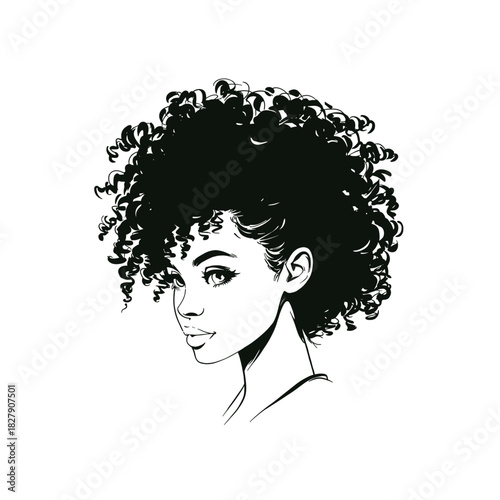 Elegant line art portrait of a beautiful woman with curly afro hair. Stylish black and white fashion illustration perfect for beauty, cosmetics, and editorial design