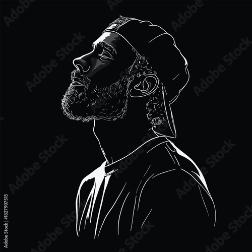 Minimalist profile portrait of a bearded man wearing a backward cap, drawn in bold expressive line art on a dark background. Modern masculine graphic illustration