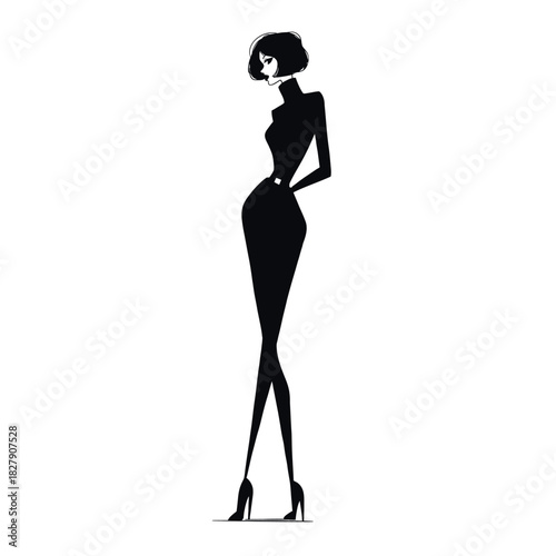 Minimalist hand-drawn silhouette of a stylish woman with bob haircut in a sleek outfit and heels, ideal for fashion branding and editorial design